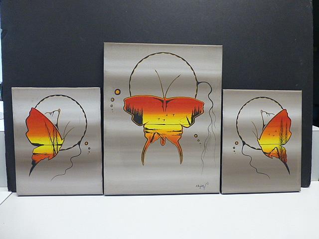 Triptych SAM BIGHETTY Indigenous Cree Painting Butterfly Scenic Spiritual Nature