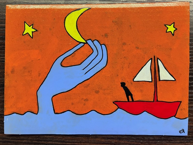 e9Art 7×5 ‘the way the ocean grasped the moon’ sailing fantasy boat art brut raw