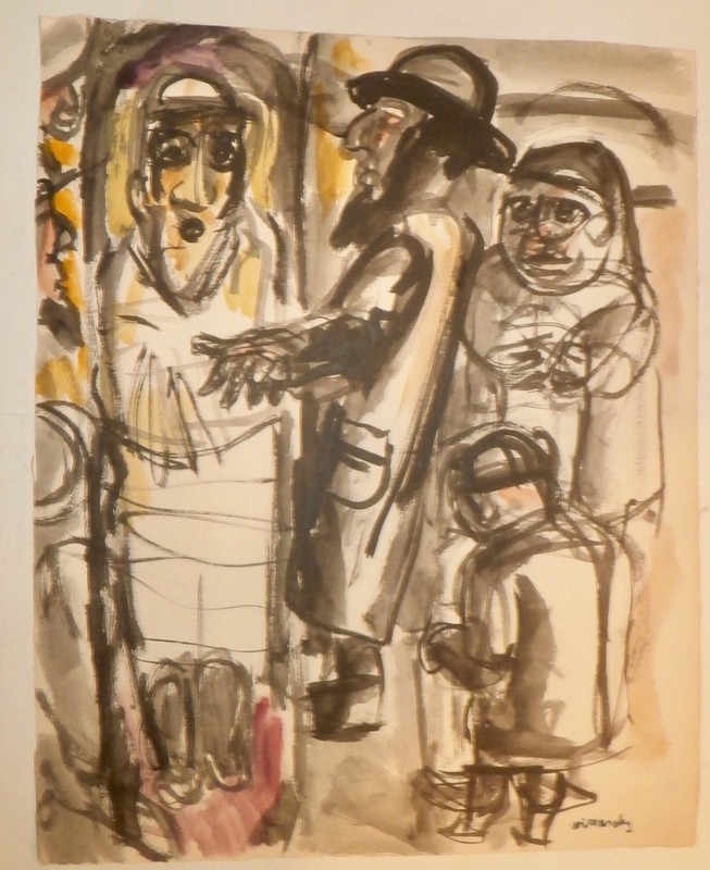 Group of Hasidic Jews 3 Men, I Woman, I Child W/C Painting-1950s-I.L. Winarsky
