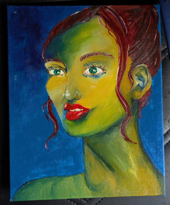 Green girl portrait oil painting blue and green and red