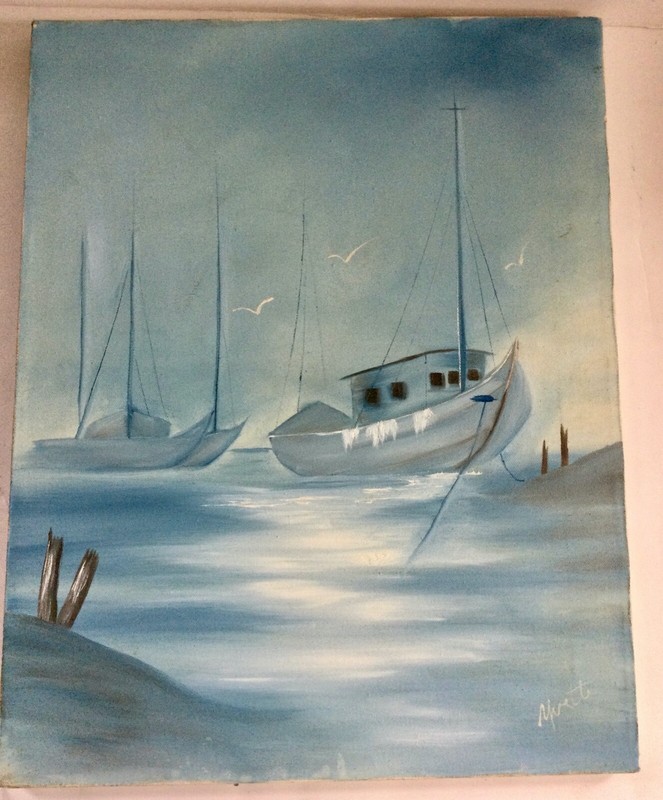 Yvette Sealey Signed 3 Vtg Oil on Canvas Beautiful Maine Scenes Barn, Pond, Boat gallery