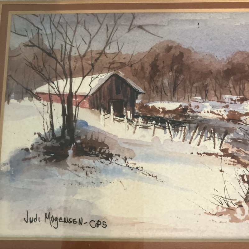 Original Framed Winter Landscape Watercolor Barn 5 X 7 Signed Judy Magensen 1983 gallery