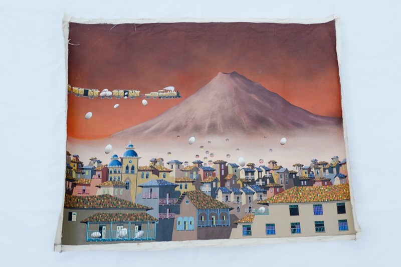 Gonzalo Endara Crow Original Oil Canvas Painting El Tren Volador Signed 1991