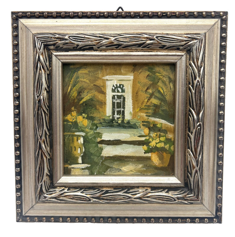 Small Framed Painting on Wood Gallery Wall Garden Art Picturesque Scene Neutrals