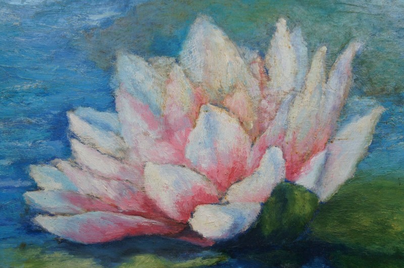 Large Vintage Impressionist Pink Water Lily Pad Oil Painting on Board 40" gallery