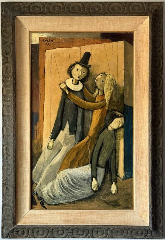 IRVING AMEN ANTIQUE MODERN ABSTRACT CUBISM OIL PAINTING OLD VINTAGE PUPPETS 1961