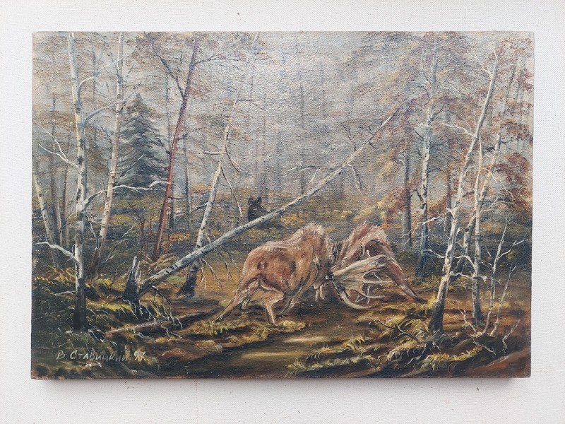The fight of two elks in the thick of the wild forest among the fallen trees Art