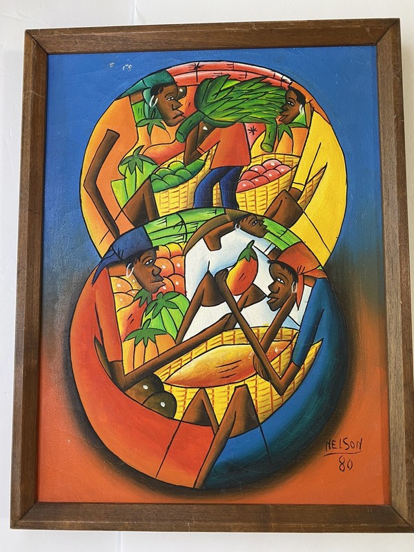 Haitian Abstract Folkart Painting By Nelson 1980 Framed 17” X 13” Inch gallery