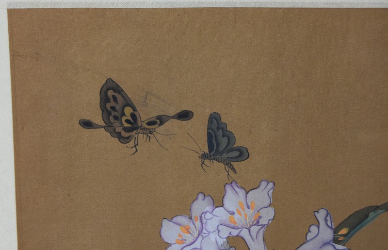 15" Antique Chinese Asian Signed Watercolor Silk White Lilies and Butterflies gallery