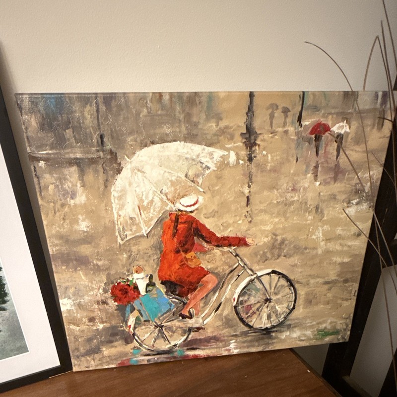 Canvas Painting Contemporary Art Woman on Bicycle with Umbrella OOAK Unframed