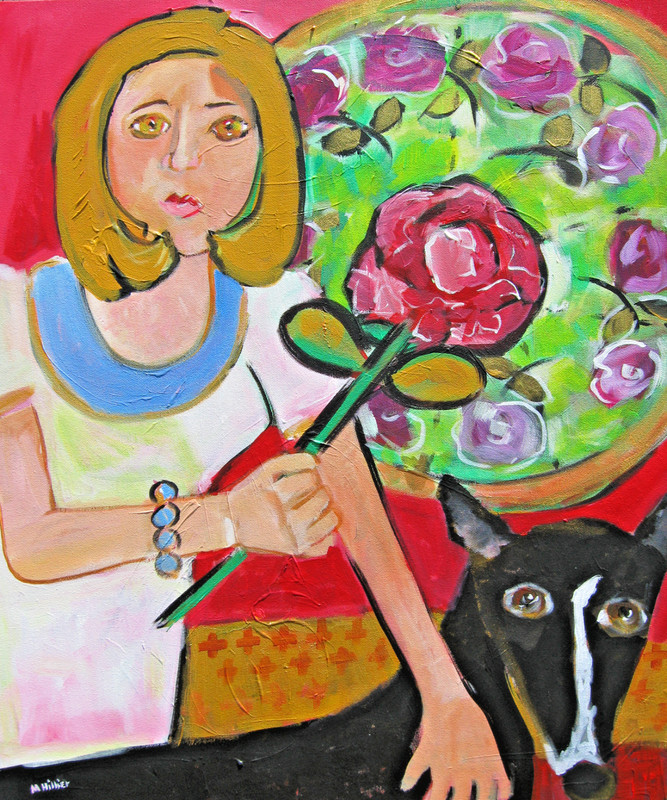 Woman with Rose original Greyhound Dawg acrylic painting 24×20 in Mary Hillier