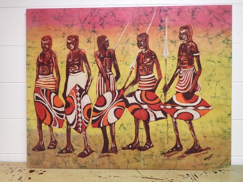 Vintage AFRICAN MAASAI HUNTERS Original BATIK PAINTING MAMmary '79 XL 33x42