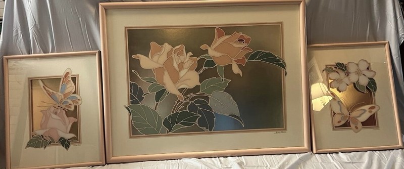 Beautiful Paintings Artwork by Jung Park Set/3 Peach Floral Butterflies Roses