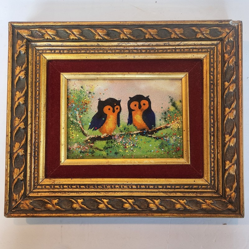 Enamel On Tin Art Orange Purple Owls On A Branch Wood Frame Velvet Boarder