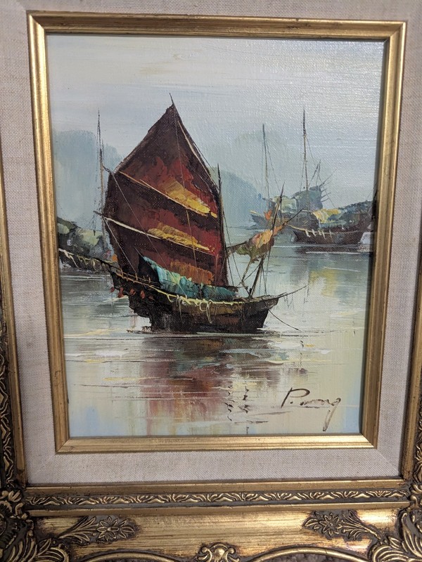 P. Wong Original Oil Chinese Junk Boats Seasscape Scene Painting gallery