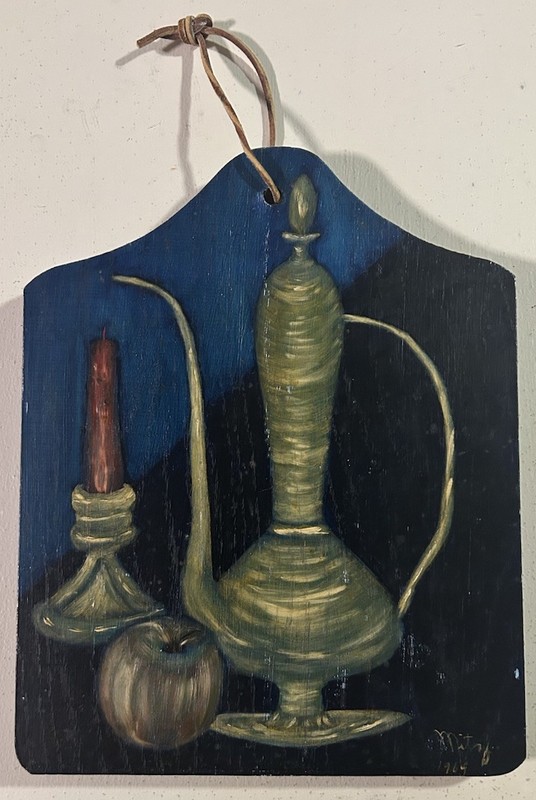 Still Life Painting On Board~Candle Apple Lamp~Wall Hanging Signed 1964