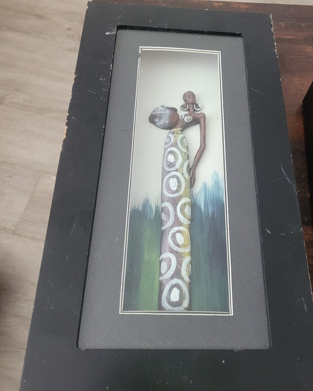 African Art Shadow Box 3D Woman Carrying a Pot 15 3/4″ X 8 1/4″