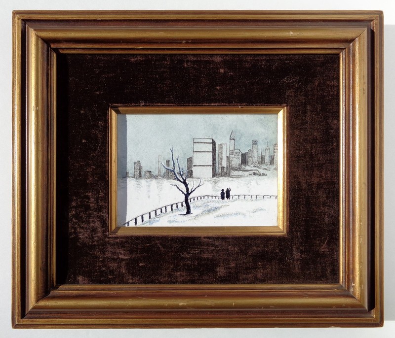 MARY SHARP LISTED CALIFORNIA ARTIST ENAMEL ON COPPER RIVER CITYSCAPE PAINTING.
