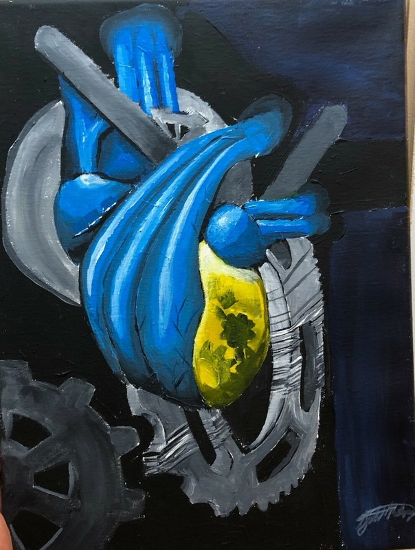 abstract painting Machine Heart LAN cable shape, cogs. Gears blue and yellow