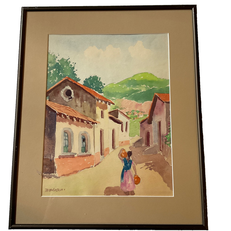 Vintage village landscape watercolor painting signed hand painted colorful