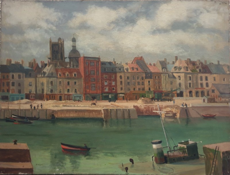 French Naive Oil Painting on Canvas 20th Dieppe Quays Normandy 47 cm x 62 cm