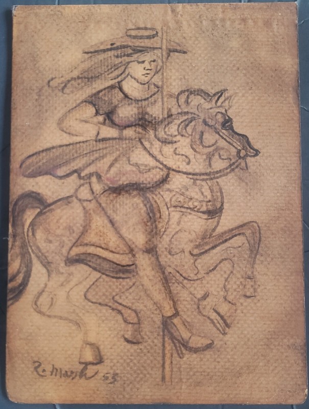 REGINALD MARSH (1898-1954) ORIGINAL OIL PAINTING GIRL CAROUSEL HORSE SIGNED 1953