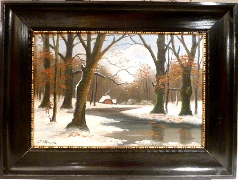 J.P HORNE! WINTER SCENERY – FOREST LANDSCAPE WITH COTTAGE AT THE POND