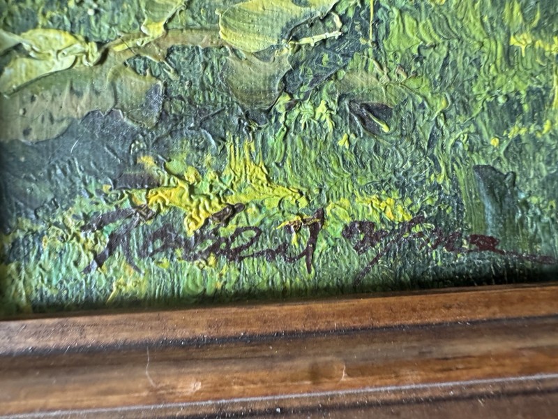 Vtg Original Painting Canvas Valley Mountains Forest Wooden Frame 20”x18” Scenic gallery