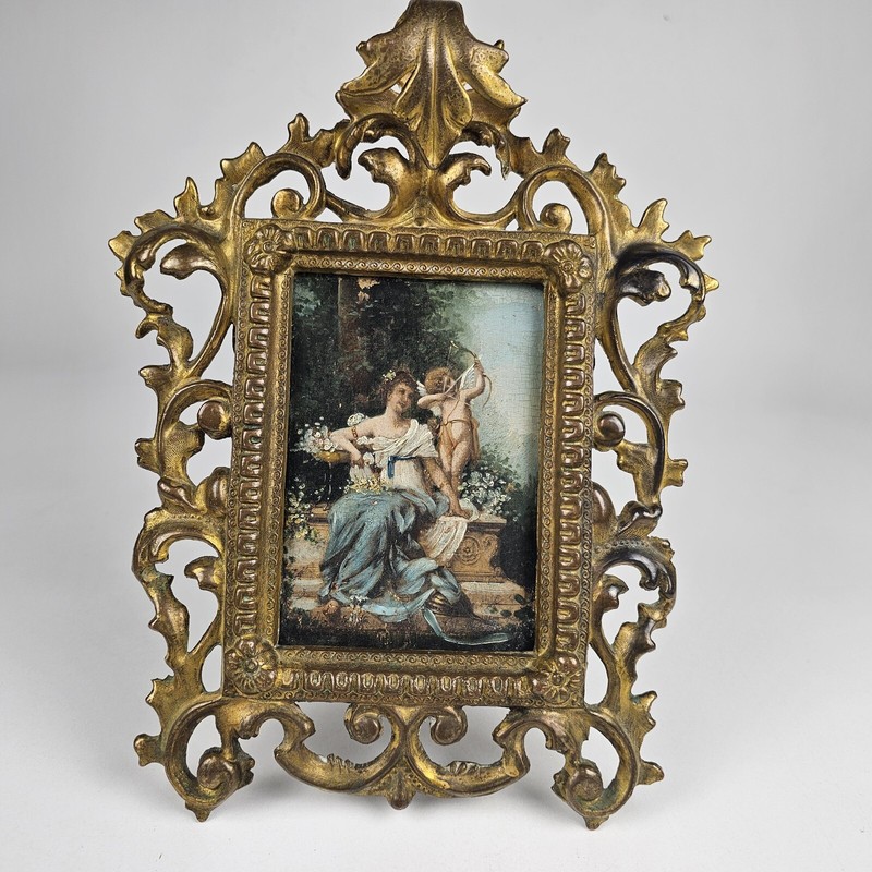 Mythological Lady and Cupid Antique Original Painting on Wood in a Rococo Frame