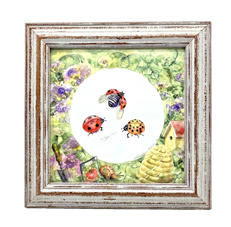 Original Watercolor Ladybugs Flowers Garden Signed VTG Framed Art 10.5″ x 10.5″