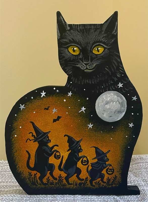 ORIGINAL Ryta Hand Made Black Cat Halloween Folk Art Painting On Wood Figurine