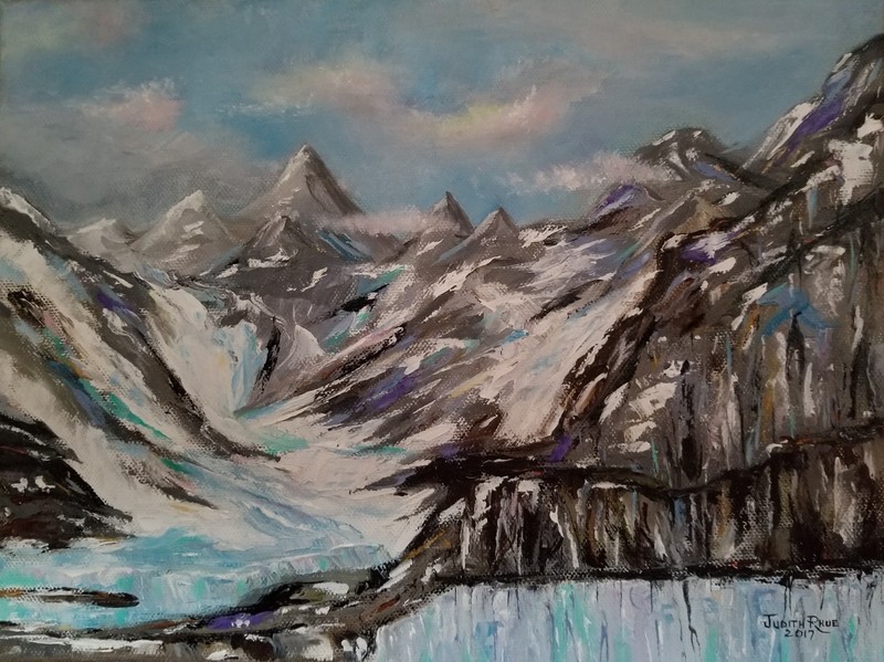 original oil painting landscape Alaska snow mountains clouds wilderness signed