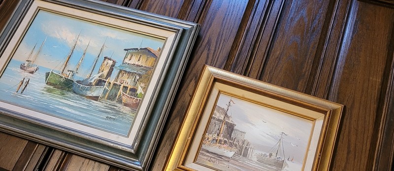 Original Signed Oil Paintings Lot of 2 Nautical Coastal Harbor Boat Scene