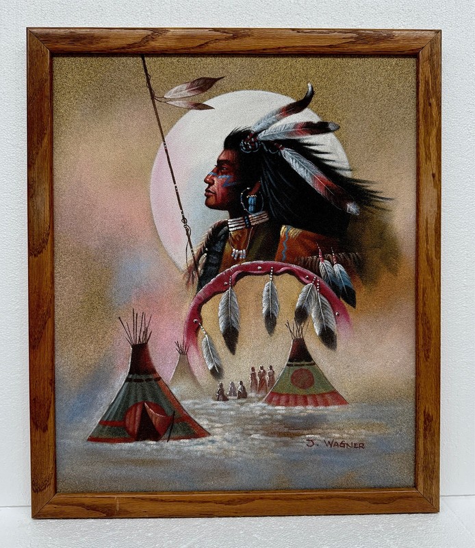Vintage Native American Portrait Signed J. Wagner Sand Textured Canvas Painting