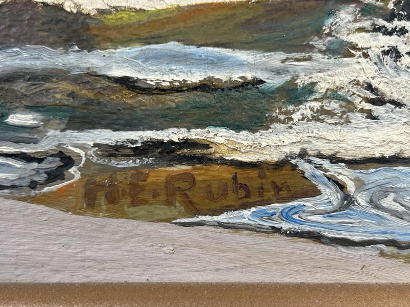 Vintage Coastal Oil on Board – Signed H. E. Rubin Seascape, Framed 22x17 gallery