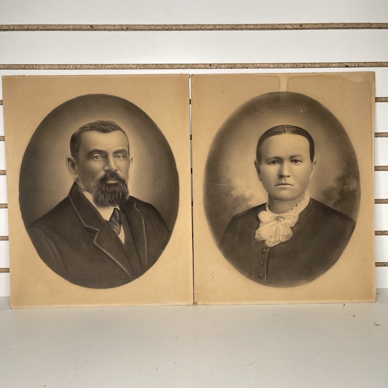 Antique Pair of Victorian Era Handmade Charcoal Portraits on Cardboard 16”x20”