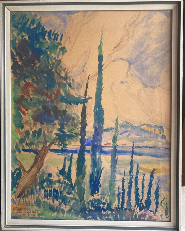 Aquarell Sign.&Dat.1959 Seelandschaft Eurotelgarten Garda Cypresses Before Lake