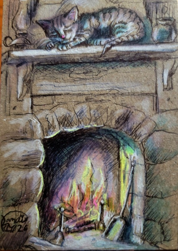 Jacob Landis HANDMADE ORIGINAL Whimsy ACEO Tabby Kitten Sleeps «above The Fire»