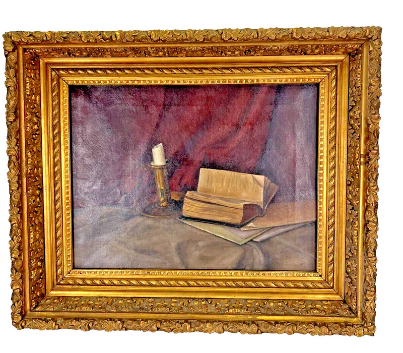 Ornate Gold Gilt 1894 Antique Frame & *AS IS Still Life Oil Painting Book Candle