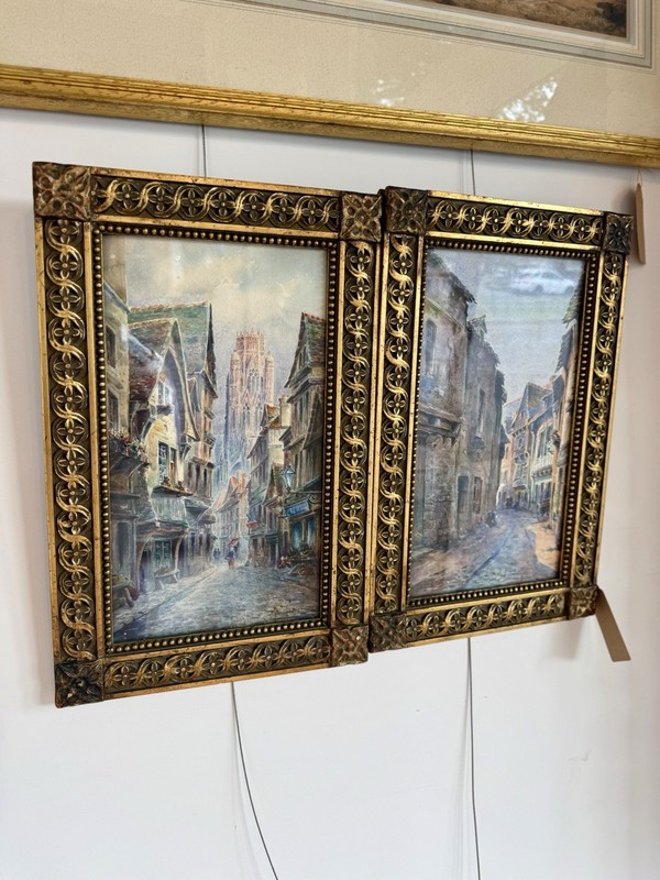 Pair Signed French Village Street Scene Watercolors M Guillebert Gothic Frames