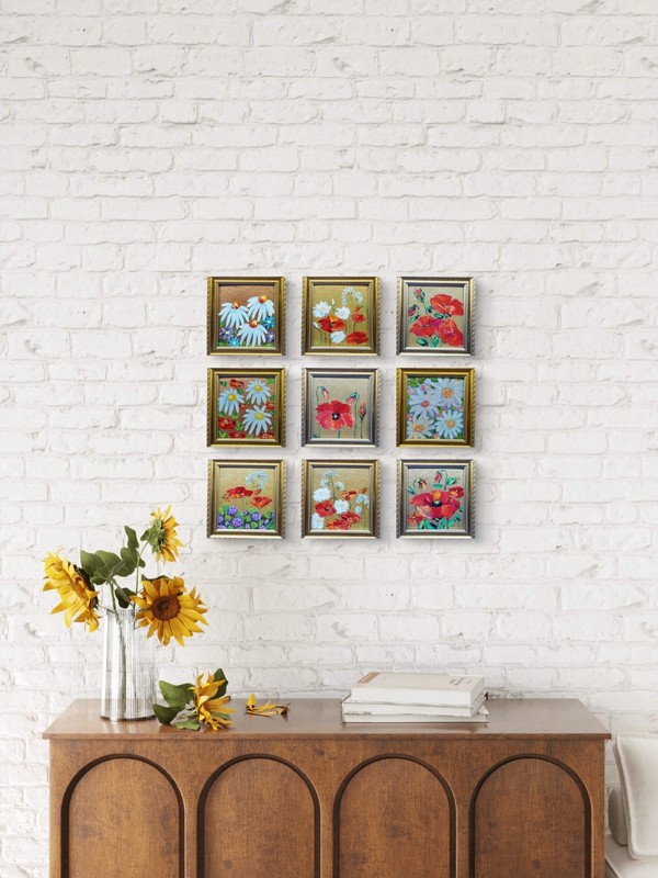 Clover Wildflowers Poppies Original Oil Painting Gold Framed Wall Art Handmade gallery
