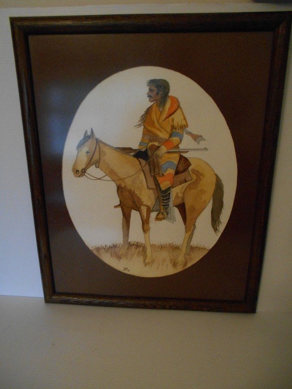 FRAMED 21 1/2" X 17 1/2" INDIAN ON HORSE WATERCOLOR PAINTING BY JOHN MOLDSTAD gallery