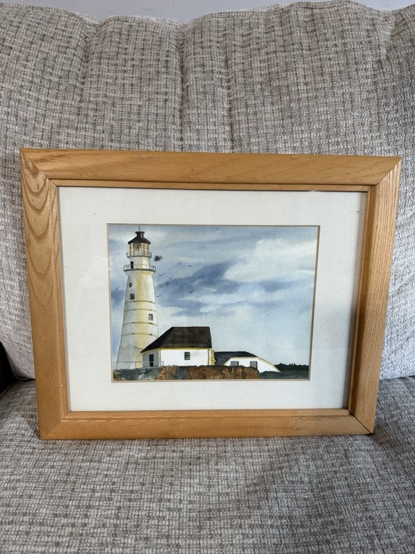 Medium Vintage Lighthouse Picture In Light Wood Frame 14”T X 17”W