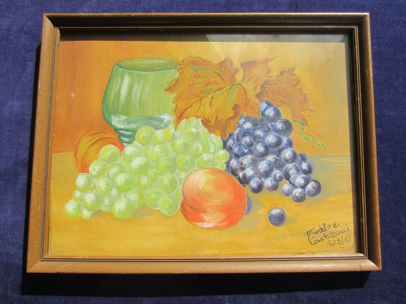 1945~Still Life Painting~Glass/Framed~SIGN: Madeline Coustellucci~Grapes/Leaves