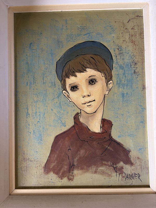 Darnier Signed Framed Small Canvas Portrait Painting Boy in Blue Cap