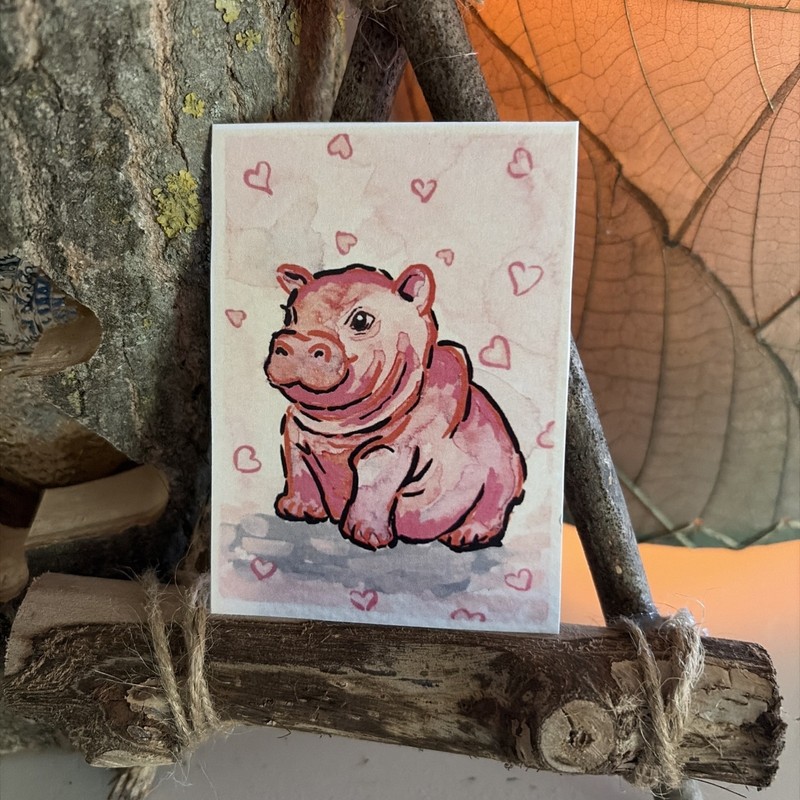 ACEO Print by AmberInWatercolor Cute Baby Hippo, Animal Storybook Animal gallery