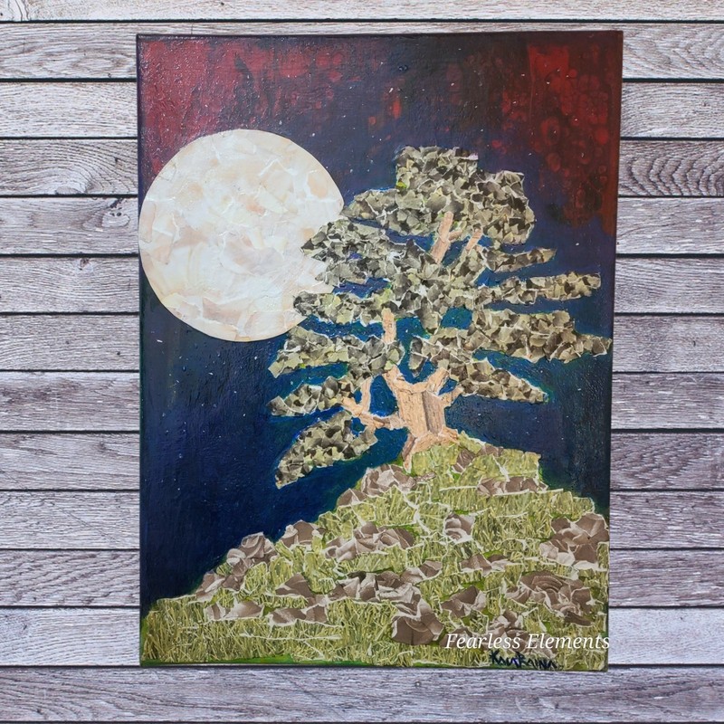 «Moonlit Sentinel» Original Torn Paper Mixed Medium mosaiac by artist Kaia Raina