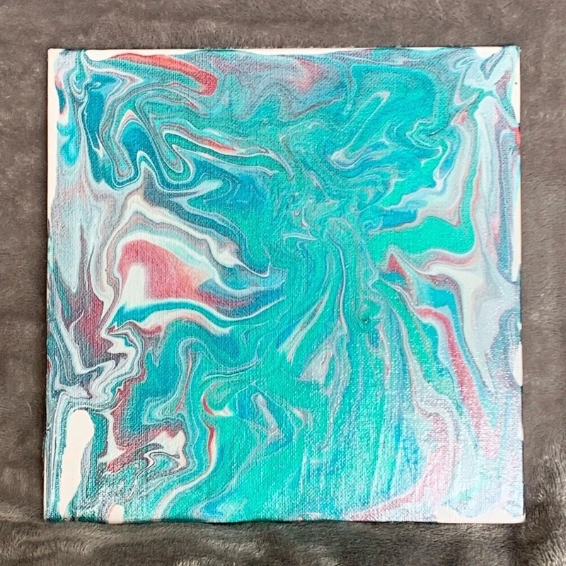 Metallic Wine, Teal, Blue, Silver and White Paint Pour – 8”x8” canvas board