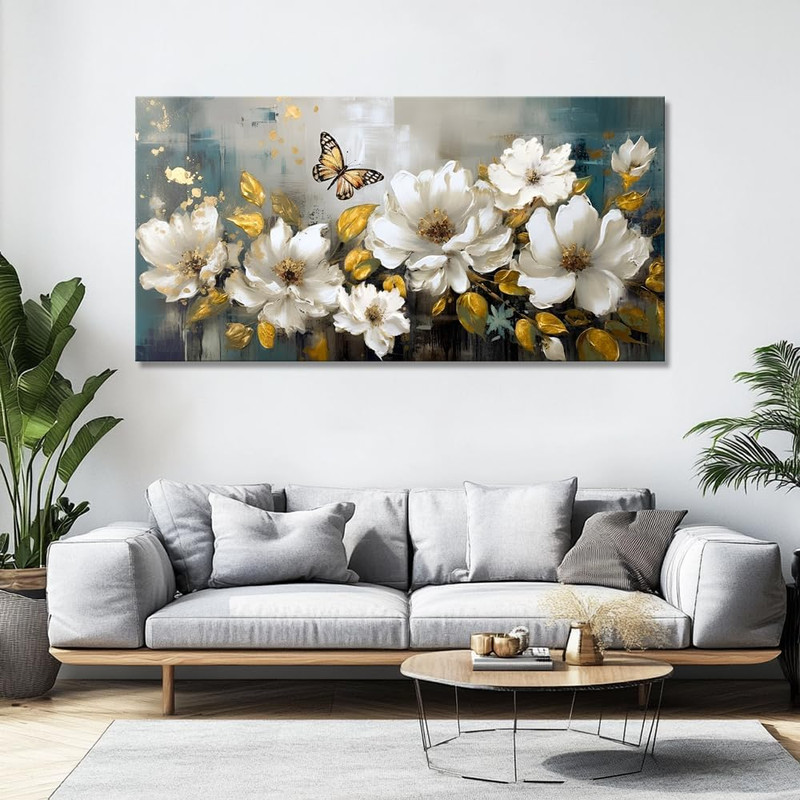 Modern Flower Wall Art with Gold Leaf & Butterflies for Home Decor 71"x36 gallery