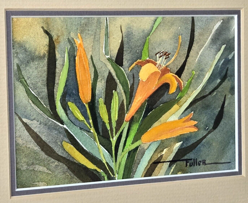 Lu Fuller, Kansas Tiger Lily still life original watercolor painting framed gallery